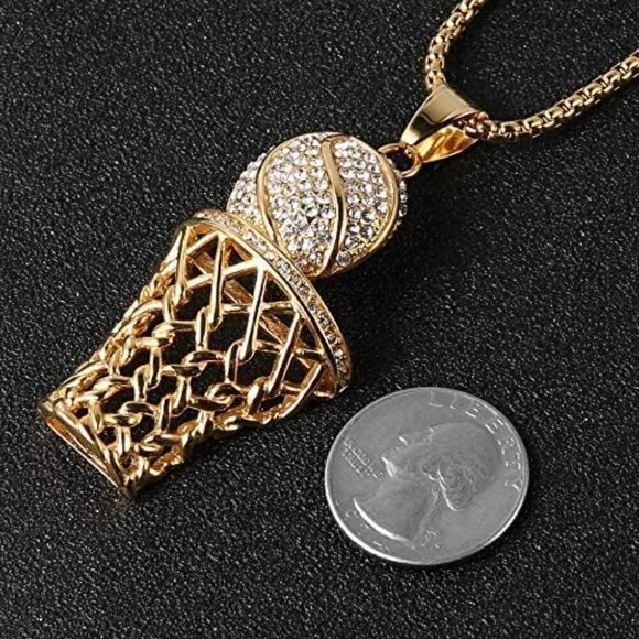 18K gold plated basketball hoop rim CZ inlay pendant box 22" chain necklace NWT - Picture 3 of 5